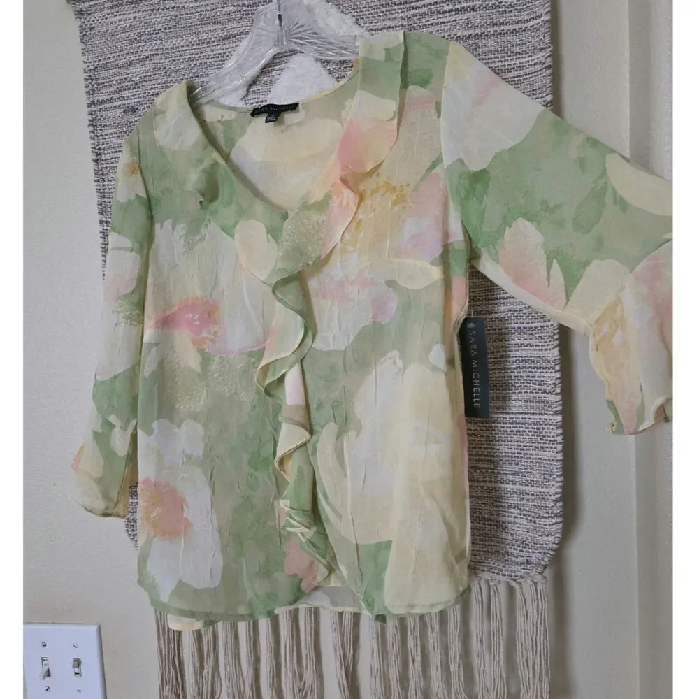 NWT Sara Michelle Sheer Floral Blouse Size S Green Pastel Ruffle Front